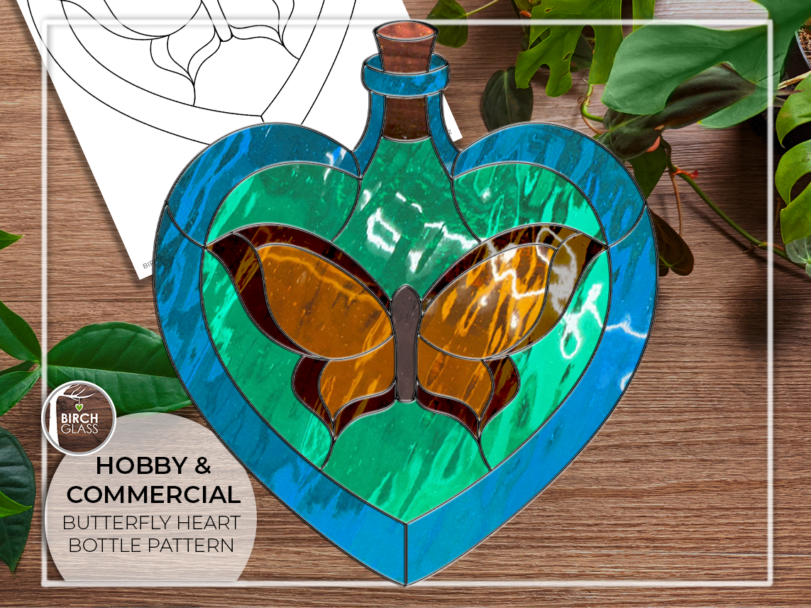 PATTERN • Butterfly Heart Shaped Bottle Stained Glass Pattern