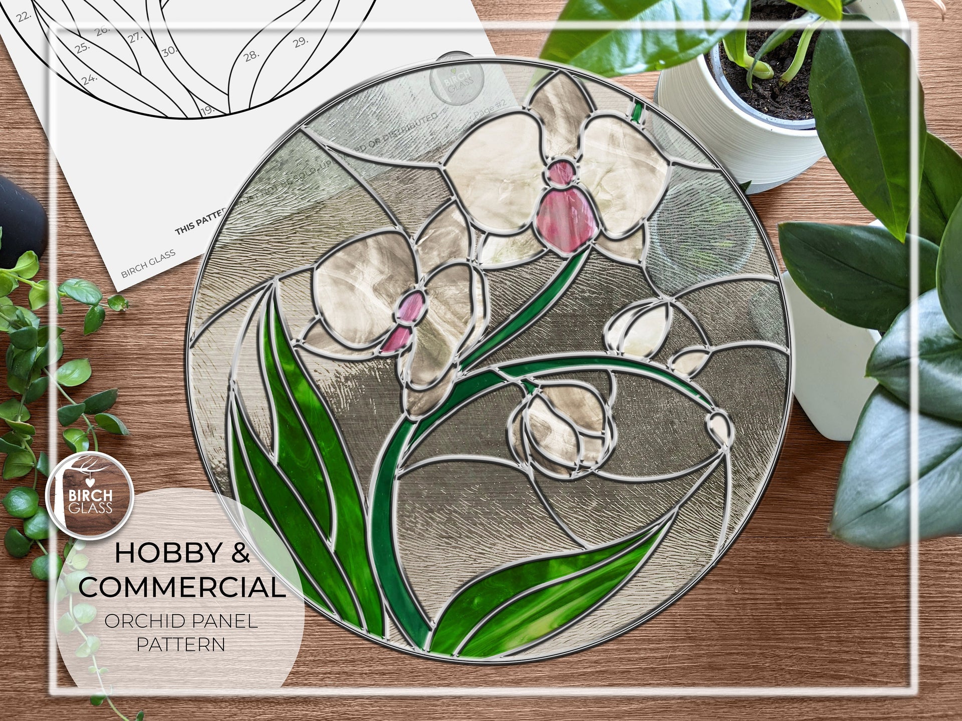 PATTERN • Orchid Round Panel Stained Glass Pattern – Birch Glass pattern-orchid-round-panel-stained-glass-pattern-birch-glass