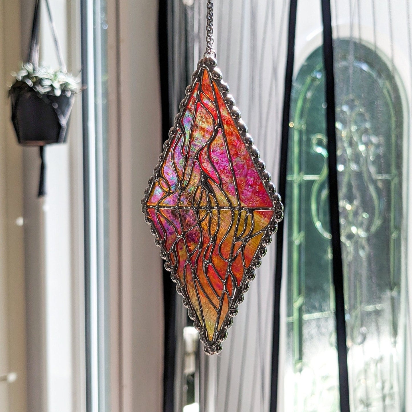 RED FIERY IRIDIZED Glass Magic Crystal Suncatcher Plant Stake